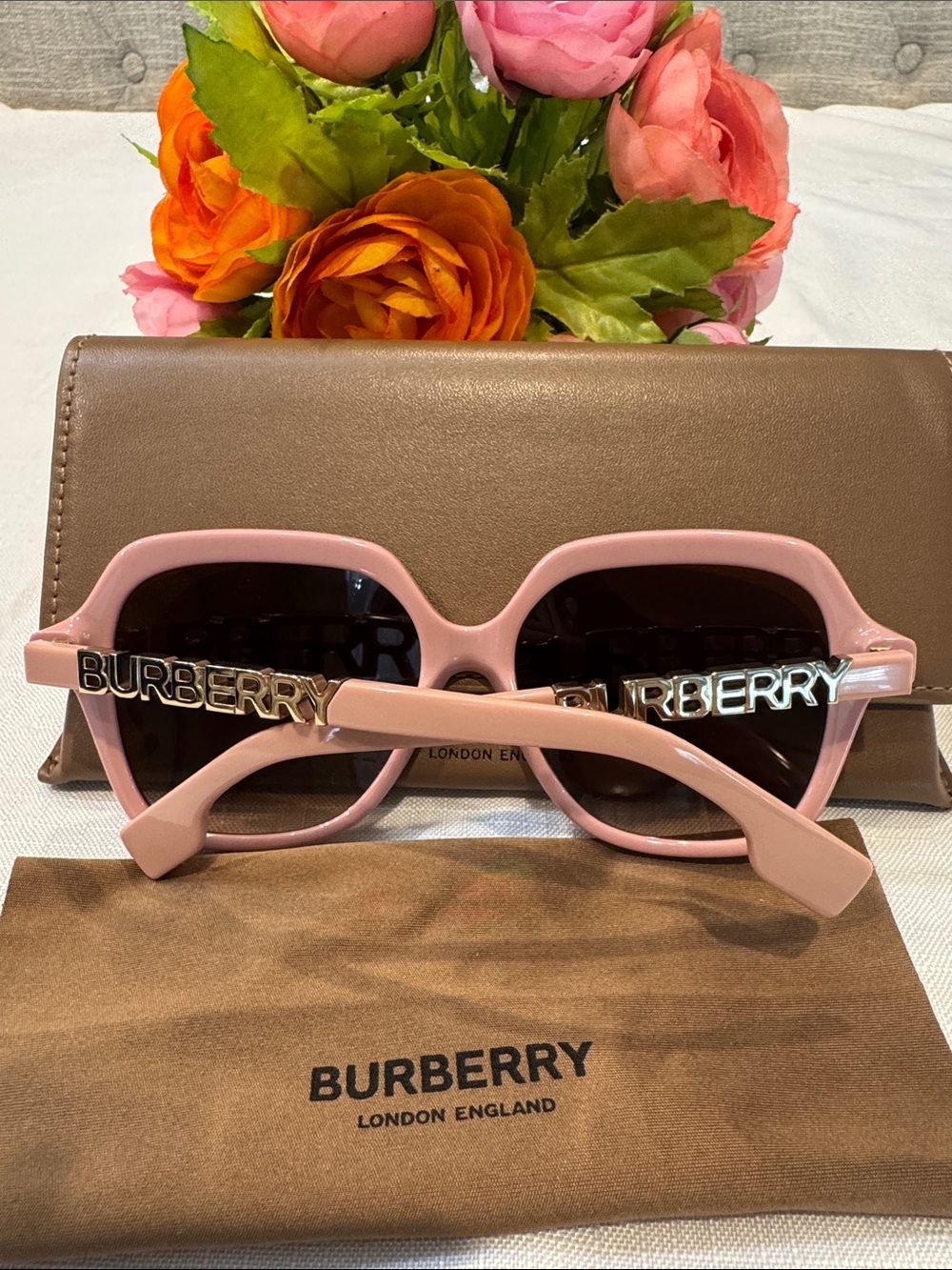 Authentic Burberry Pink Frame Sunglasses with Gold Logo Accents